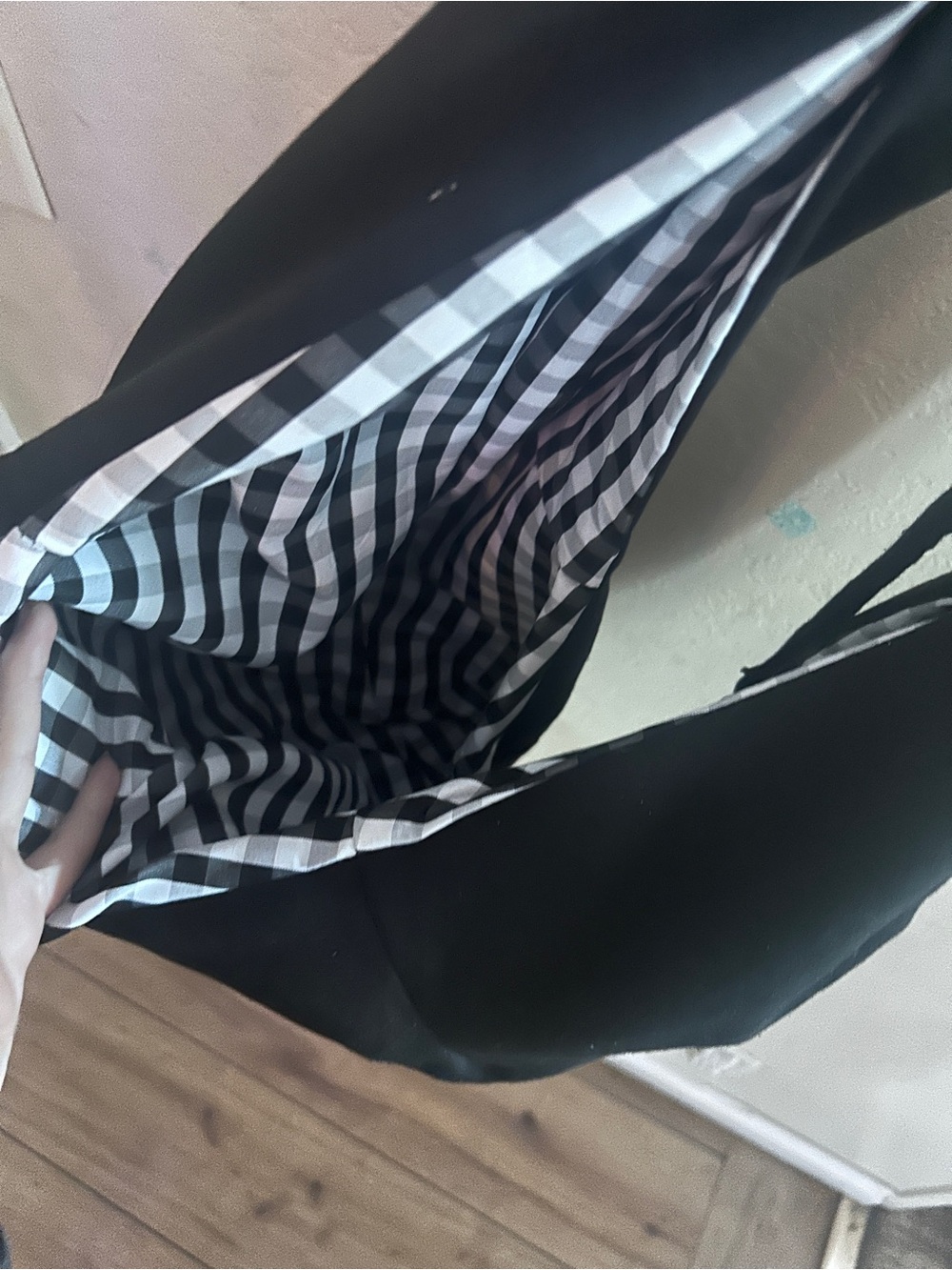 Black Tote Bag with Black-and-White Gingham Lining
